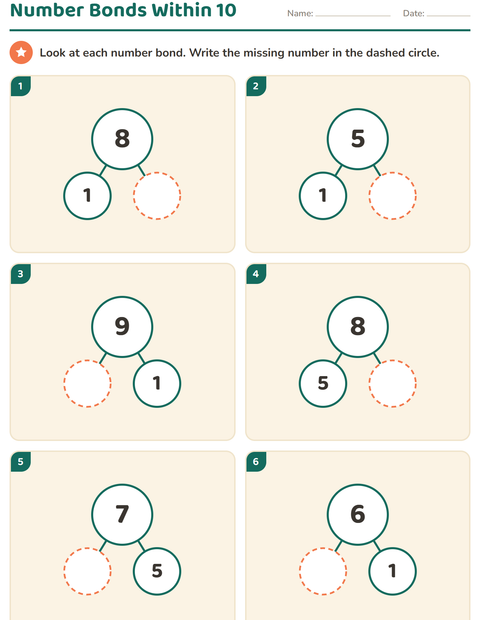 Number Bonds Within 10: A Different Whole Every Time