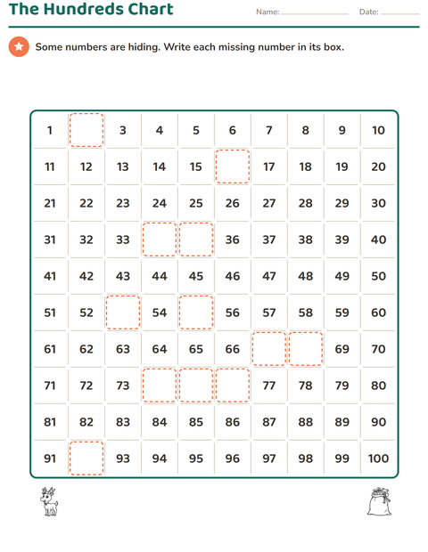 Preview of Number Charts worksheet featuring Christmas B&W 2 for grade 1
