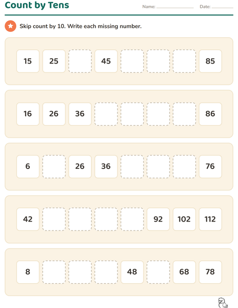 Preview of Number Charts worksheet featuring Animals BW 5 for grade 1