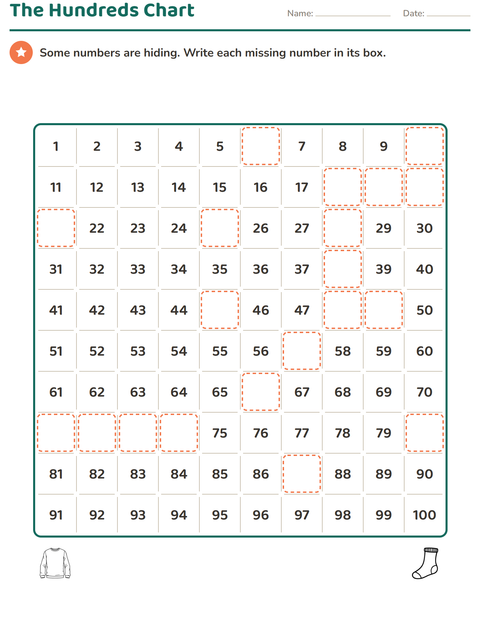 Preview of Number Charts worksheet featuring Apparel BW for grade 1