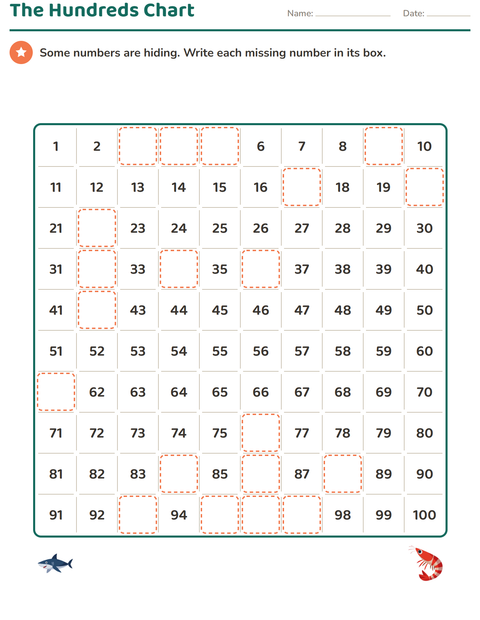 Preview of Number Charts worksheet featuring Ocean Life for grade 1