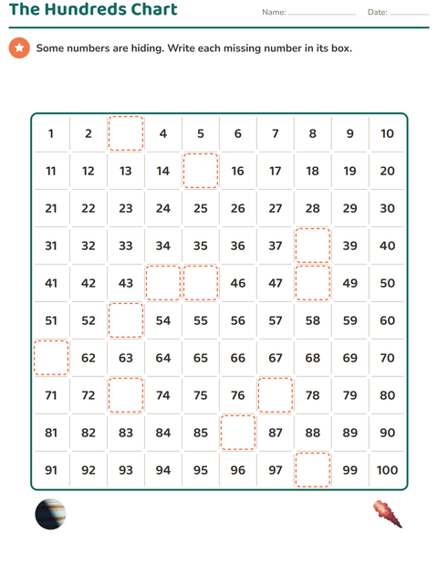 Preview of Number Charts worksheet featuring Space for grade 1