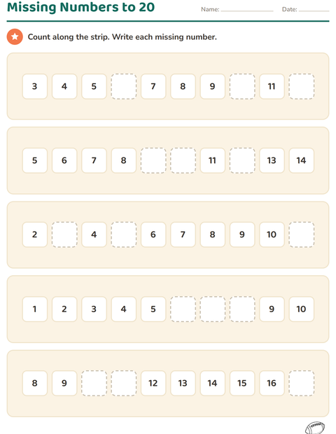 Missing Numbers to 20 — Sports BW 2