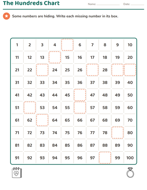 Preview of Number Charts worksheet featuring Valentine BW 2 for grade 1
