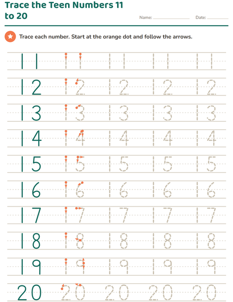 Preview of Teen Number Tracing 11 to 20