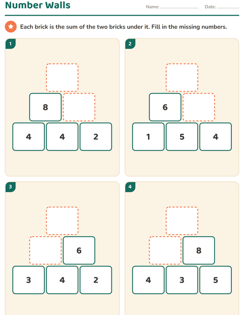 Preview of Number Walls worksheet for grade 1