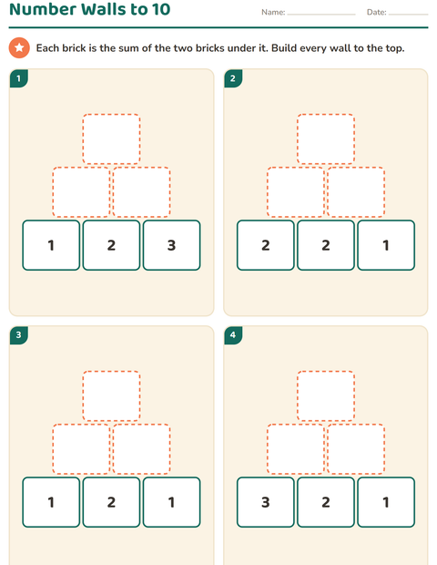 Preview of Number Walls worksheet for grade 1