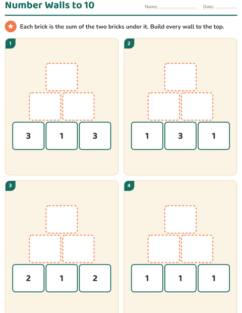 Preview of Number Walls worksheet for grade 1