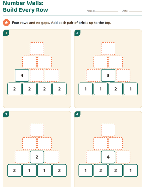 Preview of Number Walls worksheet for grade 1
