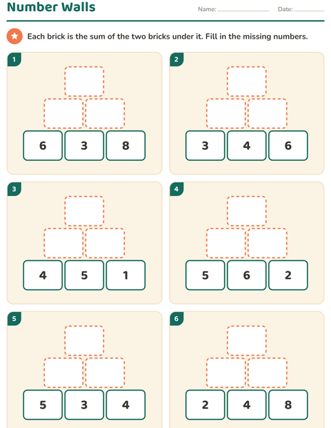 Number Walls to 20: Addition Pyramids with Missing Bricks