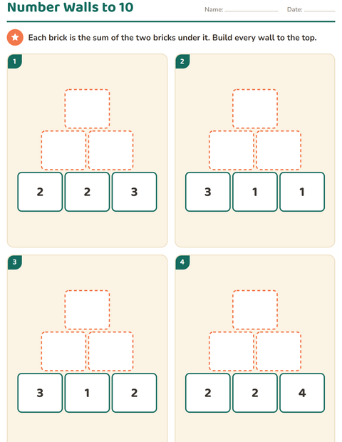 Preview of Number Walls worksheet for grade 1