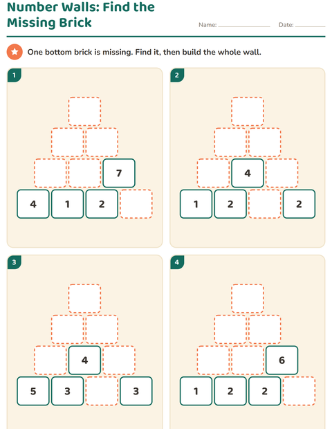 Preview of Number Walls: Find the Missing Brick in the Bottom Row