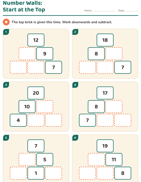 Preview of Number Walls worksheet for grade 1