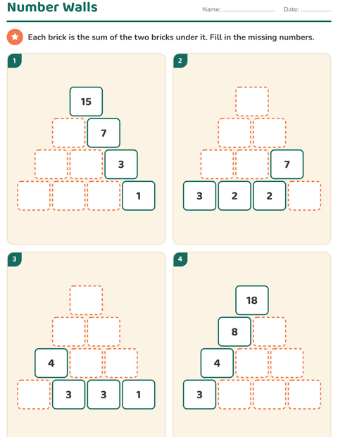 Preview of Number Walls worksheet for grade 1