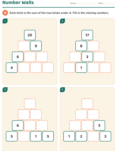 Preview of Number Walls worksheet for grade 1