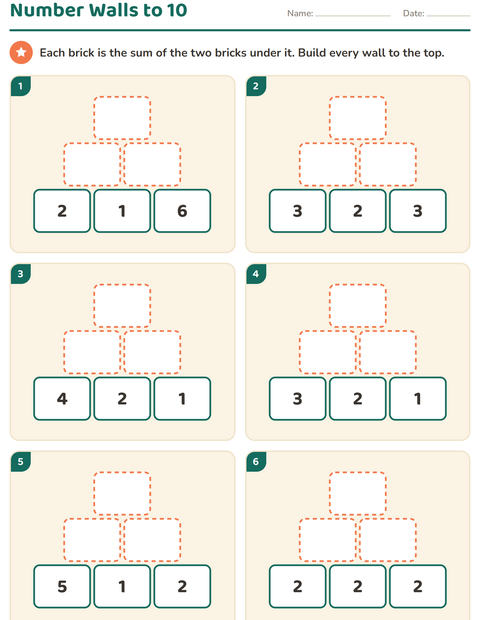 Preview of Number Walls worksheet for grade 1