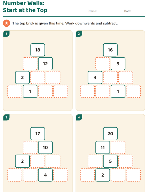 Preview of Number Walls worksheet for grade 1