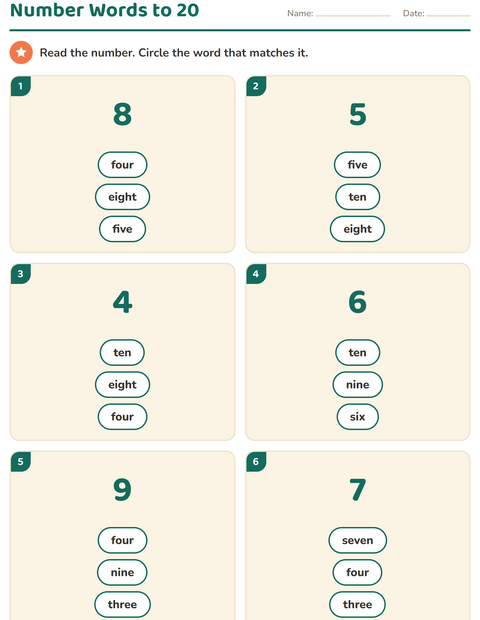 Preview of Number Words worksheet for grade 1