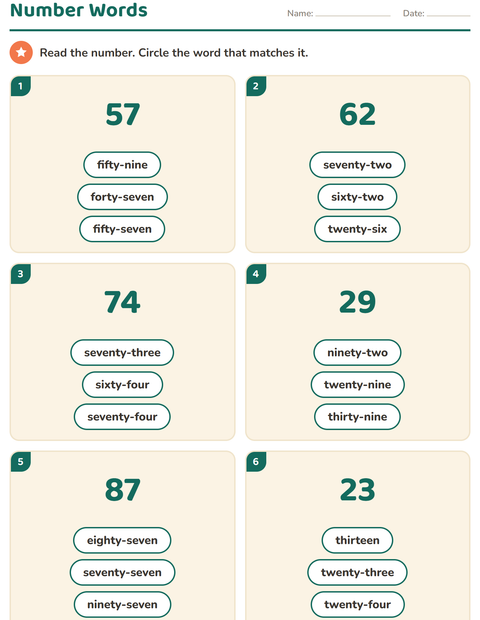 Number Words: Match the Numeral to the Word