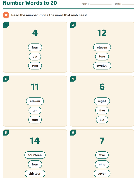 Number Words to 20: Circle the Matching Word