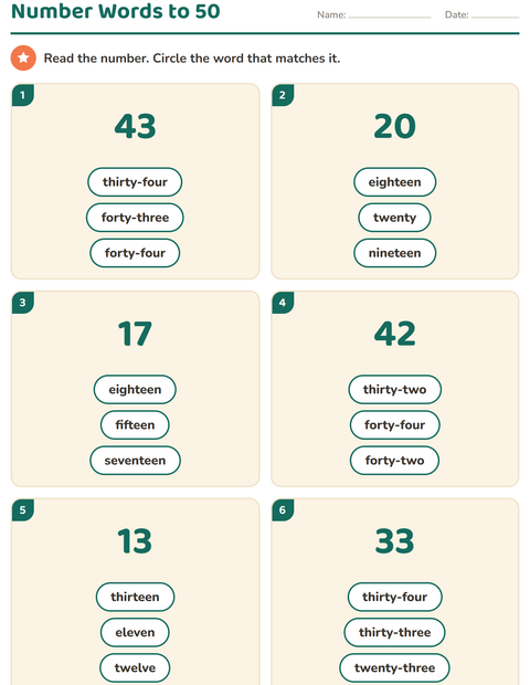 Number Words to 50: Reading Two-Part Numbers
