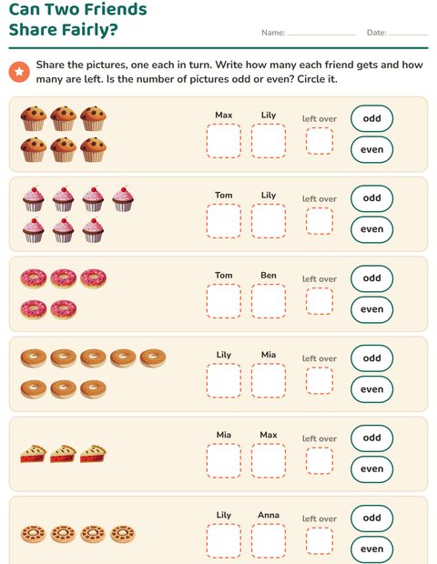 Preview of Odd and Even Numbers worksheet featuring Bakery for grade 1