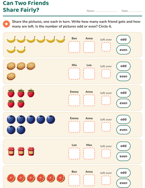 Preview of Odd and Even Numbers worksheet featuring Breakfast for grade 1