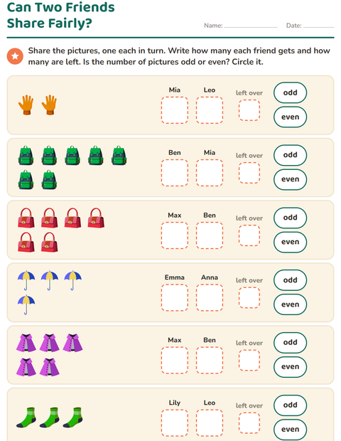 Preview of Odd and Even Numbers worksheet featuring Accessories for grade 1
