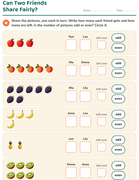 Preview of Odd and Even Numbers worksheet featuring Fruits for grade 1