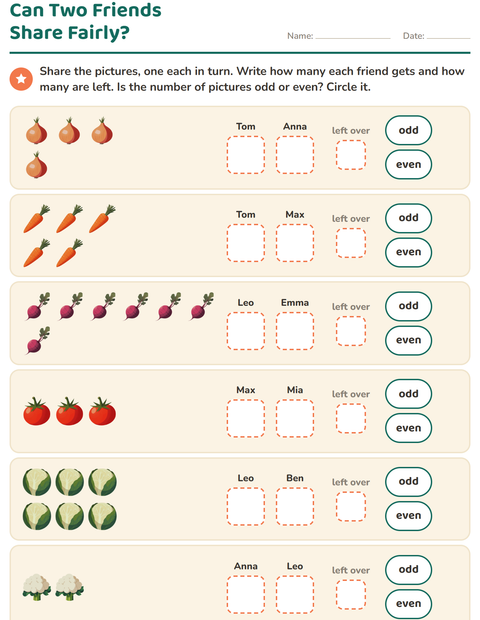 Preview of Odd and Even Numbers worksheet featuring Vegetables for grade 1