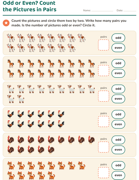 Preview of Odd and Even Numbers worksheet featuring Farm Animals for grade 1