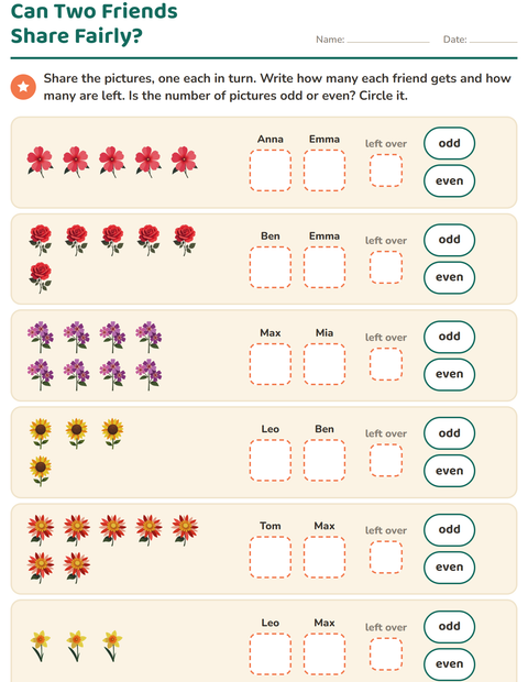 Preview of Odd and Even Numbers worksheet featuring Flowers for grade 1