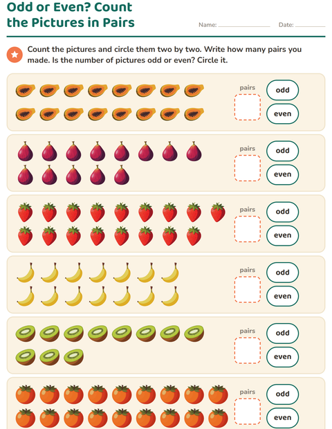 Preview of Odd and Even Numbers worksheet featuring Fruits for grade 1