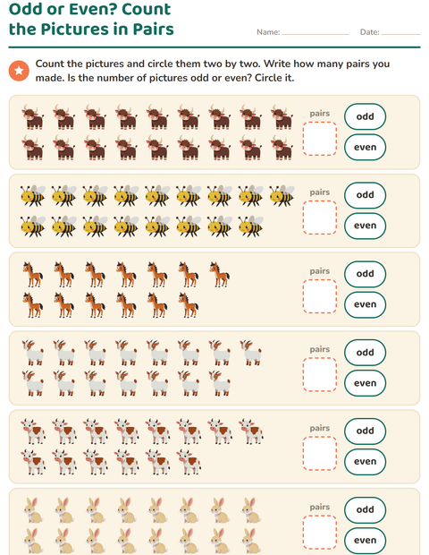 Odd or Even? Count the Pictures in Pairs — Farm Animals