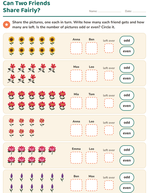 Preview of Odd and Even Numbers worksheet featuring Flowers for grade 1