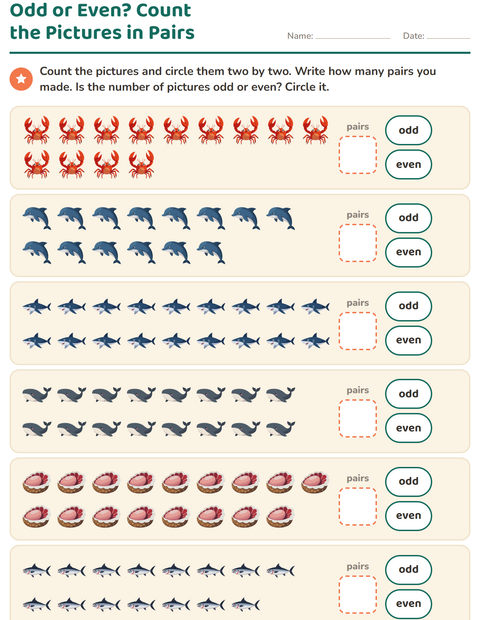 Preview of Odd and Even Numbers worksheet featuring Ocean Life for grade 1