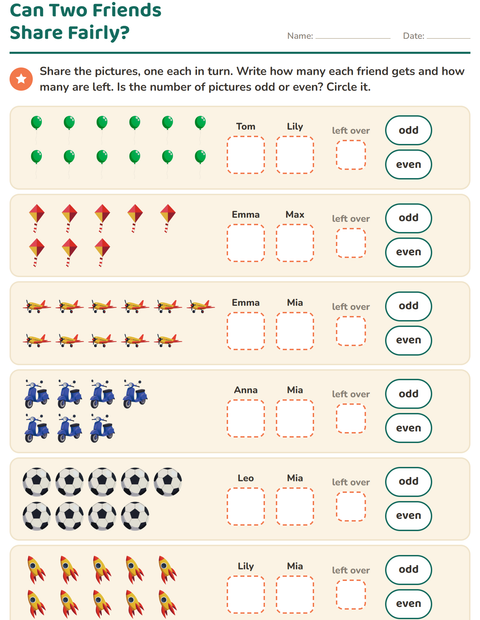 Preview of Odd and Even Numbers worksheet featuring Toys for grade 1