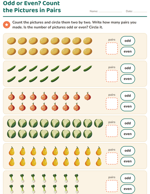 Preview of Odd and Even Numbers worksheet featuring Vegetables for grade 1