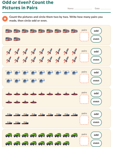 Preview of Odd and Even Numbers worksheet featuring Vehicles for grade 1