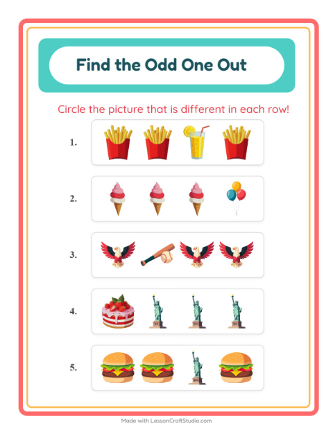 Preview of Find Objects worksheet featuring 4th of July for kindergarten