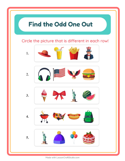 Preview of Odd One Out worksheet featuring 4th of July for kindergarten