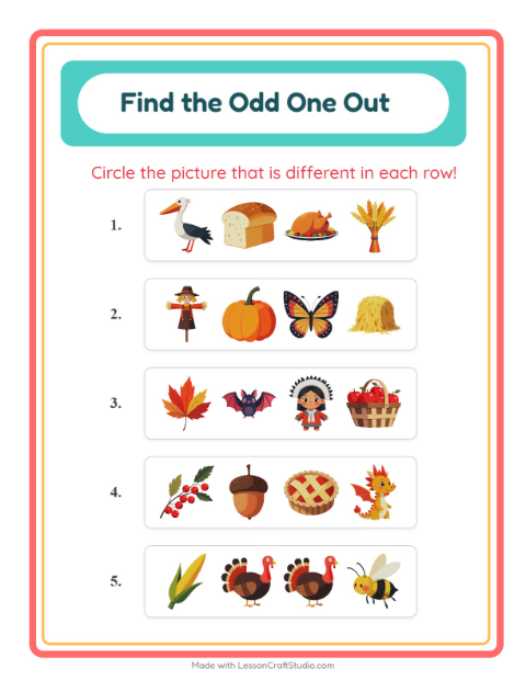 Preview of Find Objects worksheet featuring Thanksgiving for kindergarten