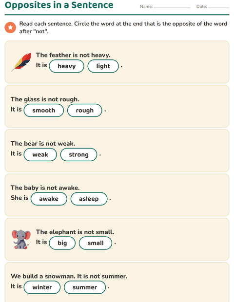 Preview of Opposites worksheet for grade 1