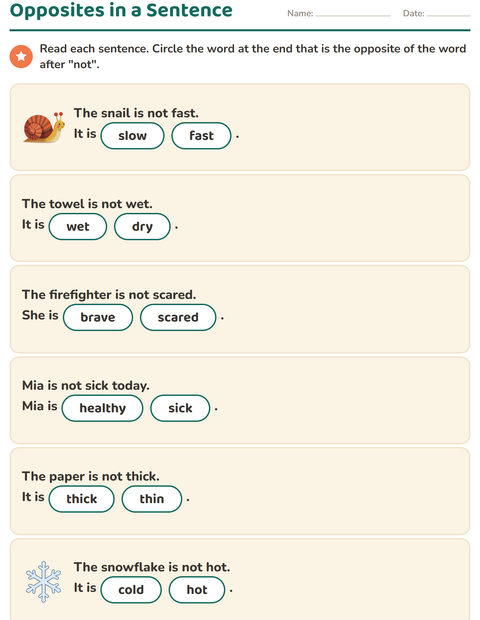 Preview of Opposites worksheet for grade 1