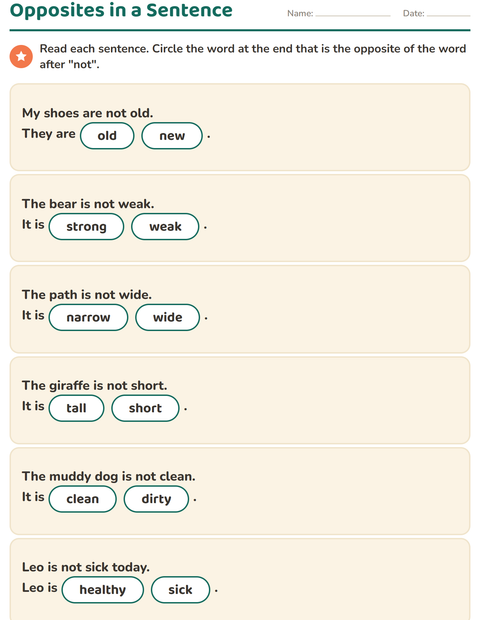 Preview of Opposites worksheet for grade 1