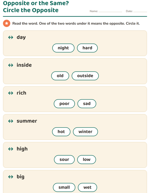 Preview of Opposites worksheet for grade 1