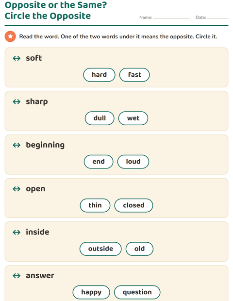 Preview of Opposites worksheet for grade 1