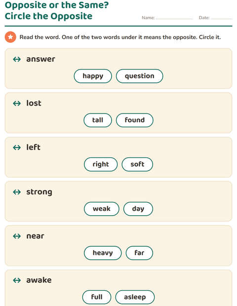 Preview of Opposites worksheet for grade 1