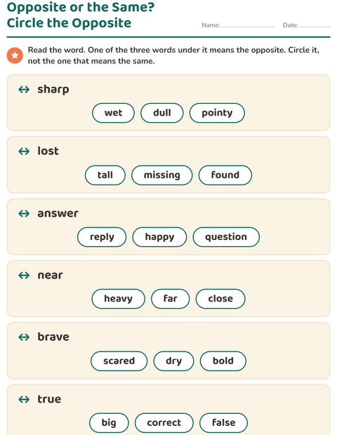 Preview of Opposites worksheet for grade 1