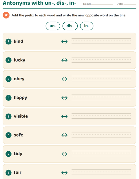 Preview of Antonyms with un-, dis- and in-: Build the Opposite Word